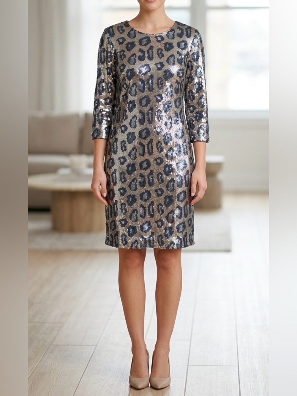 Nicole Miller Sequin Leopard Print Shift Dress Womens Size 6 Cocktail Party 3/4